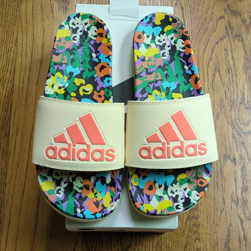 NIB FARM Rio Slide Sandals Adidas Collab Multicolor Abstract Print Womens Size 7 - Picture 3 of 11